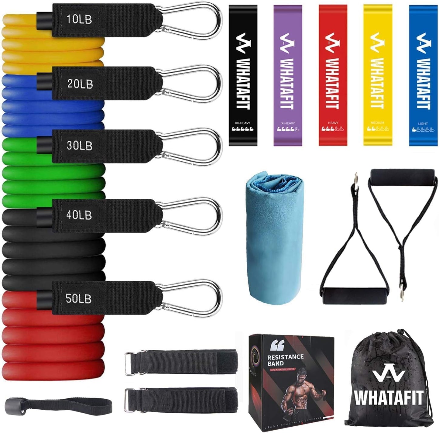 Whatafit Resistance Bands Set, Exercise Bands with Door Anchor, Handles, Carry Bag, Legs Ankle Straps for Resistance Training, Physical Therapy, Home Workouts for Men and Women